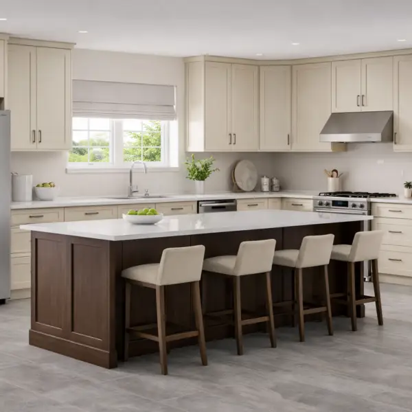 Kemper - Modern kitchen with dark island centerpiece