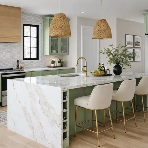 Kemper - Modern kitchen with sage cabinetry and brass accents