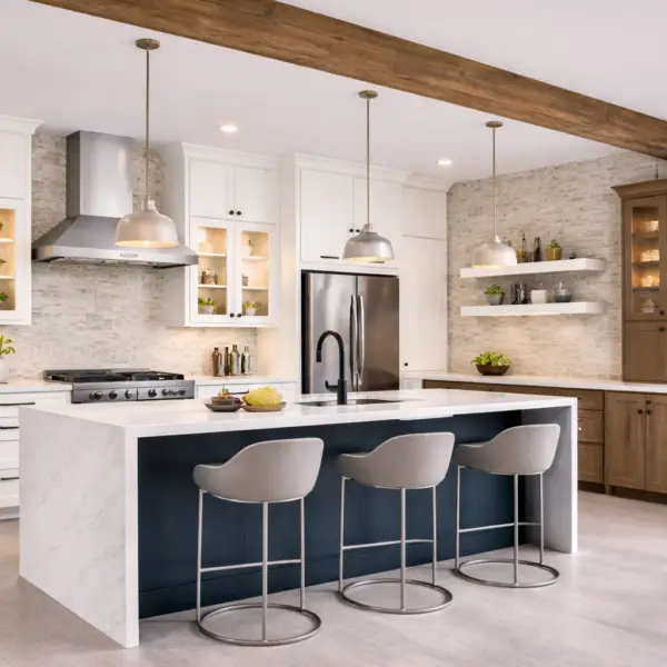 TruPly Express Shaker - Modern farmhouse kitchen with navy island