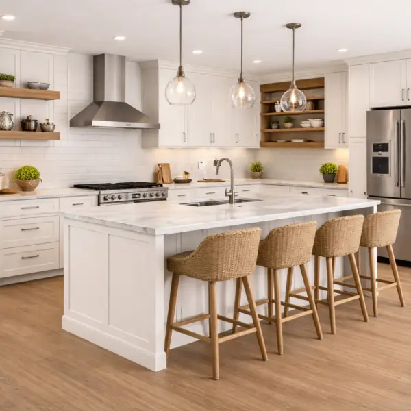 TruPly Express Shaker - Modern kitchen with island and shelving Milk color