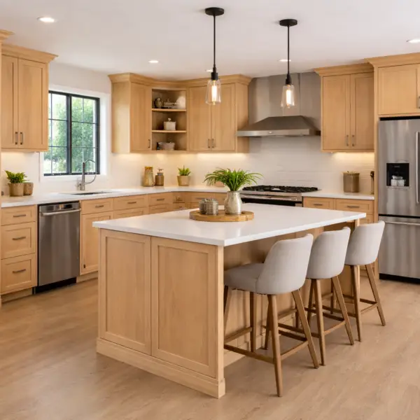 TruPly Express Shaker - Modern kitchen with white quartz island Carmel