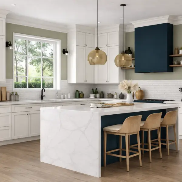 TruPly Express Shaker New Elegant navy blue kitchen with sage walls